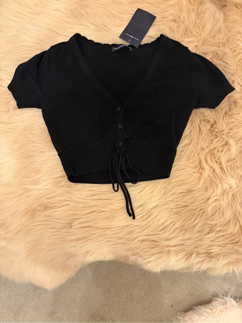 Brandy Melville Black Cropped Button-Up V-Neck Top with Drawstring